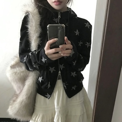 春天记事簿 双向拉链星星卫衣外套 日系休闲宽松短款开衫连帽上衣