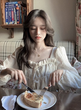 Bonjour 公主殿下~法式小方领 浪漫绑带衬衫 韩国复古软妹长袖女