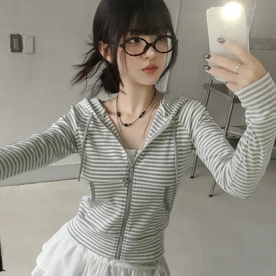 秋天日记 条纹短款连帽拉链外套 甜酷辣妹风休闲百搭上衣开衫