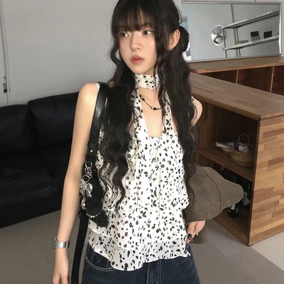 夏日小记 豹纹荷叶边无袖上衣 甜酷辣妹挂脖系带宽松吊带背心