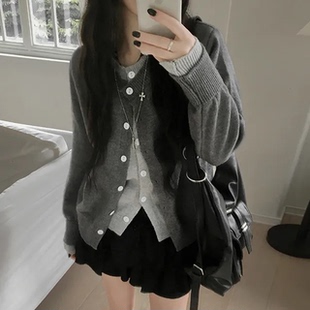 秋天日记 双色圆领纽扣针织长袖开衫 柔软短款宽松毛衣外套上衣