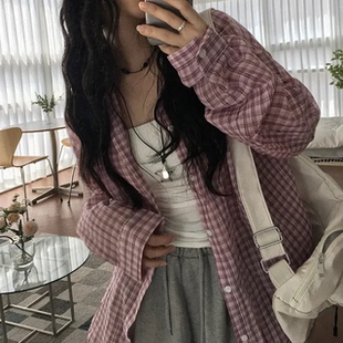 外搭开衫 日系休闲宽松长袖 上衣 复古泡泡棉防晒格纹衬衫 预习秋天