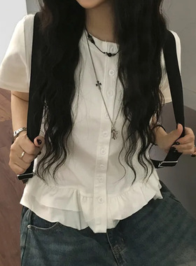 夏日小记 俏皮荷叶边下摆圆领短袖T恤 日系复古少女百搭宽松上衣