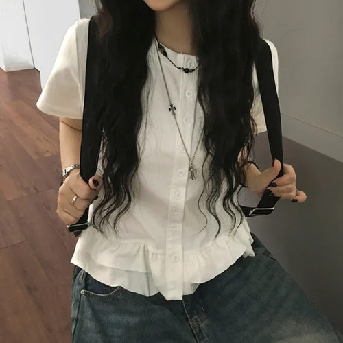 夏日小记 俏皮荷叶边下摆圆领短袖T恤 日系复古少女百搭宽松上衣