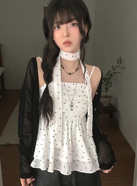 夏日小记 波点荷叶边无袖上衣 甜酷辣妹挂脖系带宽松吊带背心