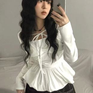 秋天日记 芭蕾风设计感系带短款上衣 甜酷辣妹风裙摆拼接叠穿长袖
