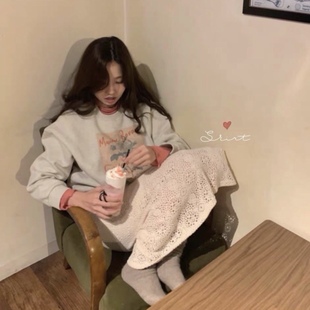 韩国复古印花学院长袖 玫瑰唱片机 少女圆领宽松卫衣 法式 套头绒衫