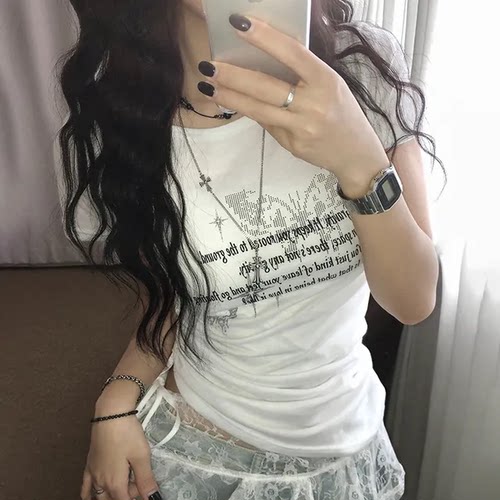 夏日小记 复古蝴蝶印花抽褶收腰短袖T恤 甜酷辣妹短款百搭上衣