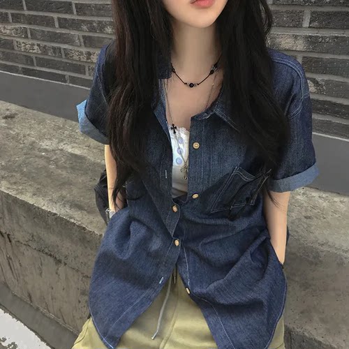 夏日小记 复古牛仔口袋短袖衬衫 美式休闲宽松显瘦百搭短款上衣
