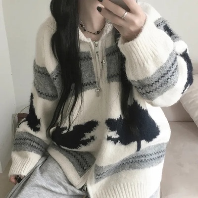 秋天日记 费尔岛雪花针织拉链衫 温柔软糯复古休闲宽松毛衣外套
