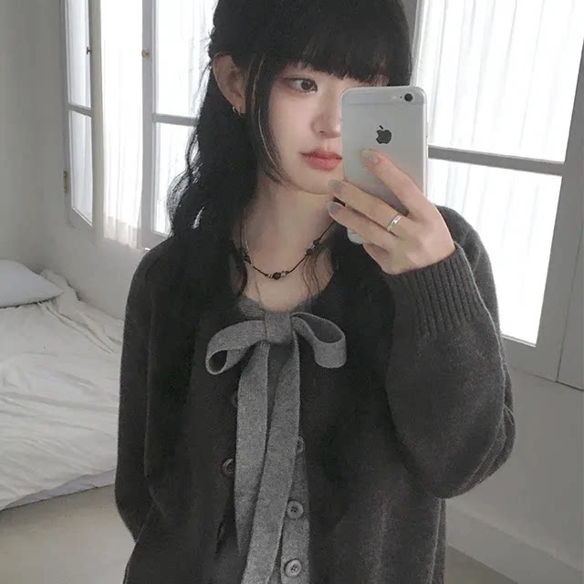 浪漫圣诞月 蝴蝶结系带针织衫毛衣外套 秋冬日系宽松百搭开衫上衣