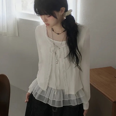 春天记事簿 芭蕾风设计感花边系带上衣 假两件拼接百搭长袖T恤