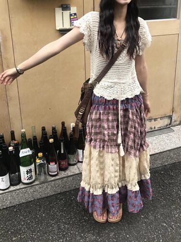 画报少女 复古彩色格子拼接流浪裙 松紧腰宽松A字裙长裙半身裙