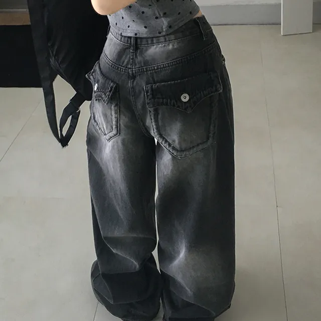 夏日小记 美式复古口袋水洗牛仔长裤 宽松显瘦百搭直筒阔腿裤