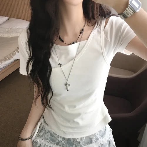 夏日小记 芭蕾风设计感一字领短袖T恤 甜酷辣妹修身百搭显瘦上衣