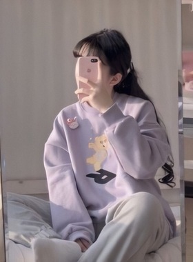 小熊俱乐部 奶fufu的紫色~圆领宽松卫衣 韩国复古卡通套头加绒衫