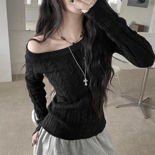 秋天日记 露肩扭花针织衫上衣 纯欲风辣妹修身百搭斜肩长袖毛衣