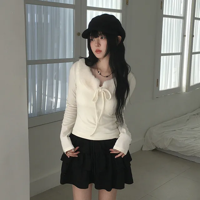 浪漫圣诞月 蝴蝶结系带毛领长袖T恤 纯欲风甜酷辣妹百搭修身上衣,女装/女士精品,T恤,淘宝优惠券,粉丝福利购,淘宝优惠卷