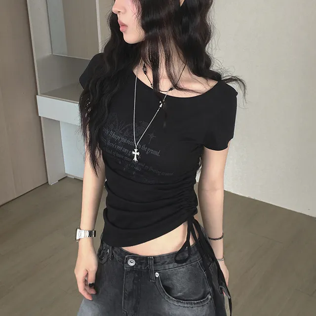 夏日小记 复古蝴蝶印花抽褶收腰短袖T恤 甜酷辣妹短款百搭上衣
