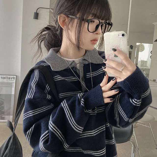 秋天日记 复古撞色条纹翻领针织衫毛衣 减龄休闲百搭宽松套头上衣