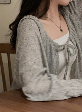 预习秋天 灰色系带针织小衫 休闲宽松防晒上衣 轻薄开衫外搭长袖