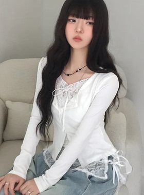 春天记事簿 芭蕾风蕾丝系带长袖T恤 纯欲风辣妹短款百搭白色上衣