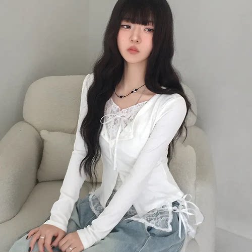 夏日小记 芭蕾风蕾丝系带长袖T恤 纯欲风辣妹短款百搭白色上衣