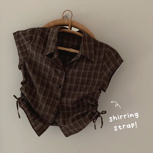 衬衫 慢慢夏日 复古巧克力格纹短袖