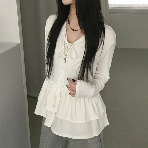 预习秋天 芭蕾风荷叶边系带V领长袖T恤 甜美休闲百搭宽松系带上衣