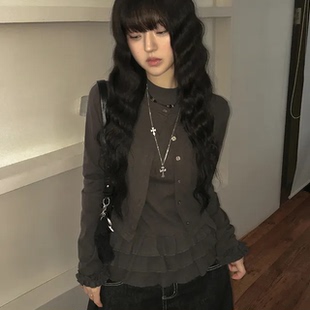 预习秋天 芭蕾风荷叶边圆领纽扣两件套 百搭休闲甜美长袖开衫上衣