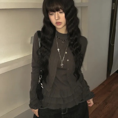 预习秋天 芭蕾风荷叶边圆领纽扣两件套 百搭休闲甜美长袖开衫上衣