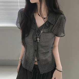 美式 衬衫 辣妹收腰格子百搭上衣 复古格纹纽扣翻领短袖 夏日小记