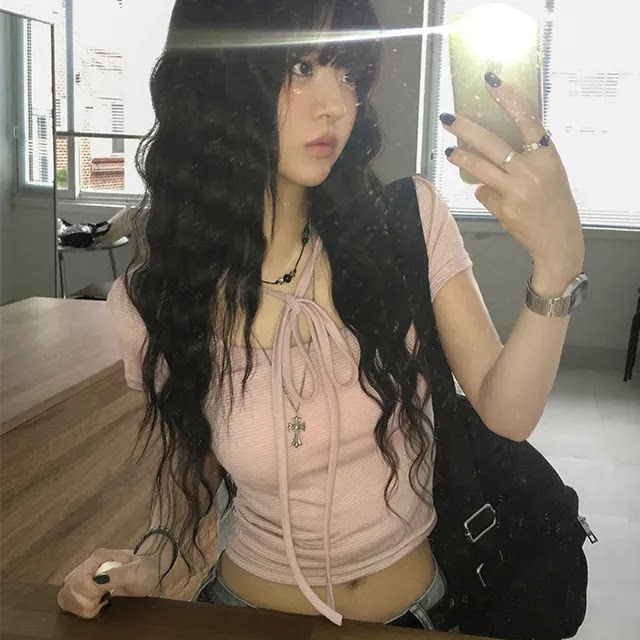 夏日小记 甜酷系挂脖条纹短袖T恤 辣妹修身短款百搭显瘦上衣图片