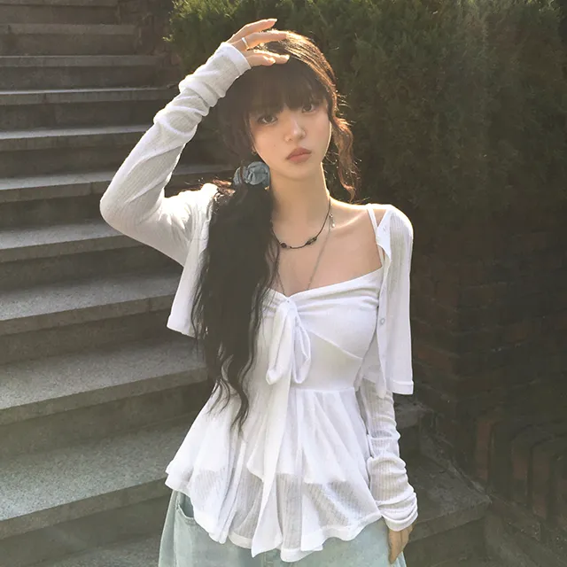 夏日小记 蝴蝶结芭蕾小吊带+防晒开衫 纯欲风白色百搭上衣两件套