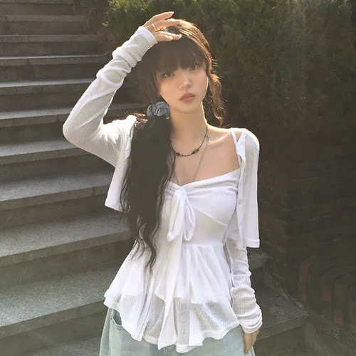 夏日小记 蝴蝶结芭蕾小吊带+防晒开衫 纯欲风白色百搭上衣两件套