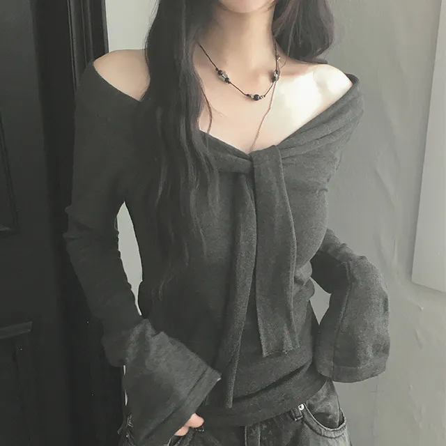 秋天日记 蝴蝶结露肩扭结针织长袖T恤 纯欲风辣妹修身百搭上衣