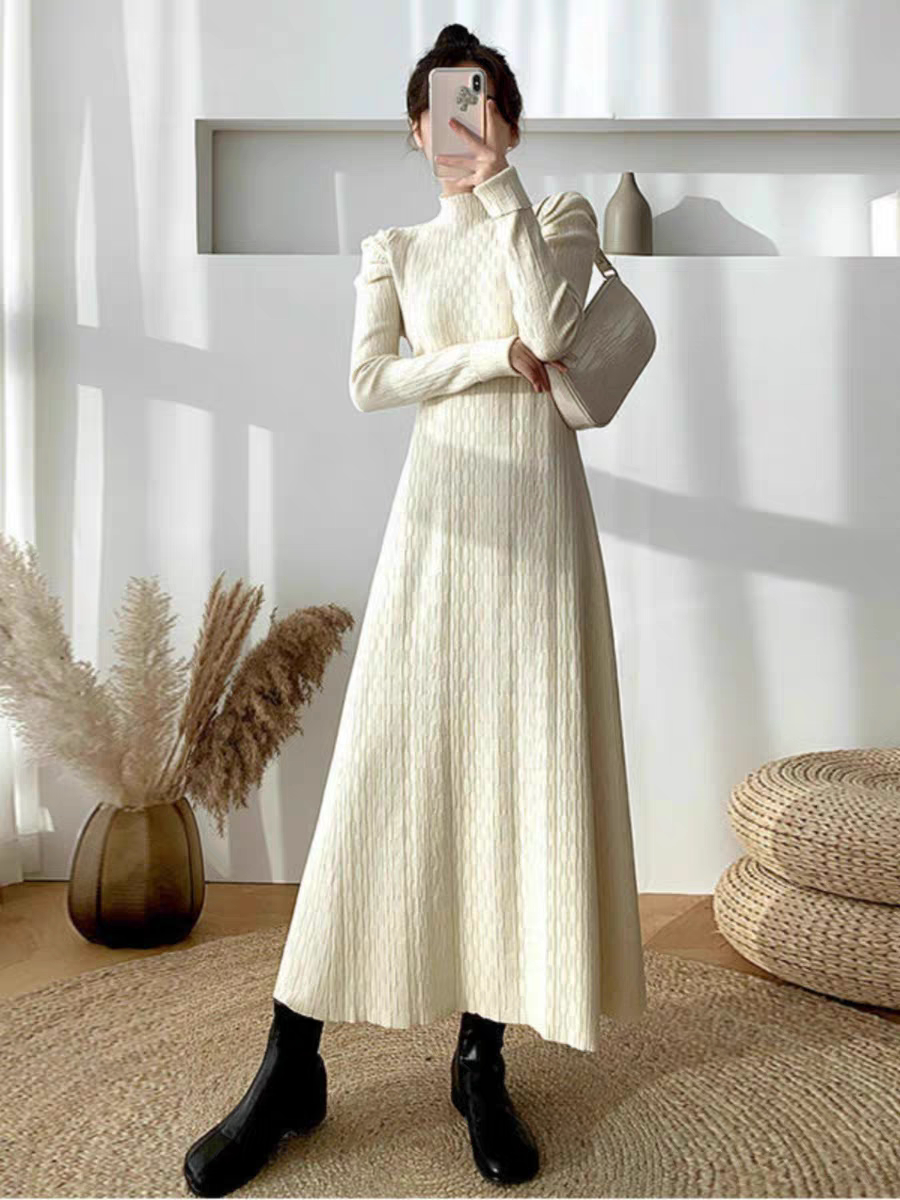 长款气质打底毛衣裙女士秋冬季新款宽松百搭高领长袖针织连衣裙子