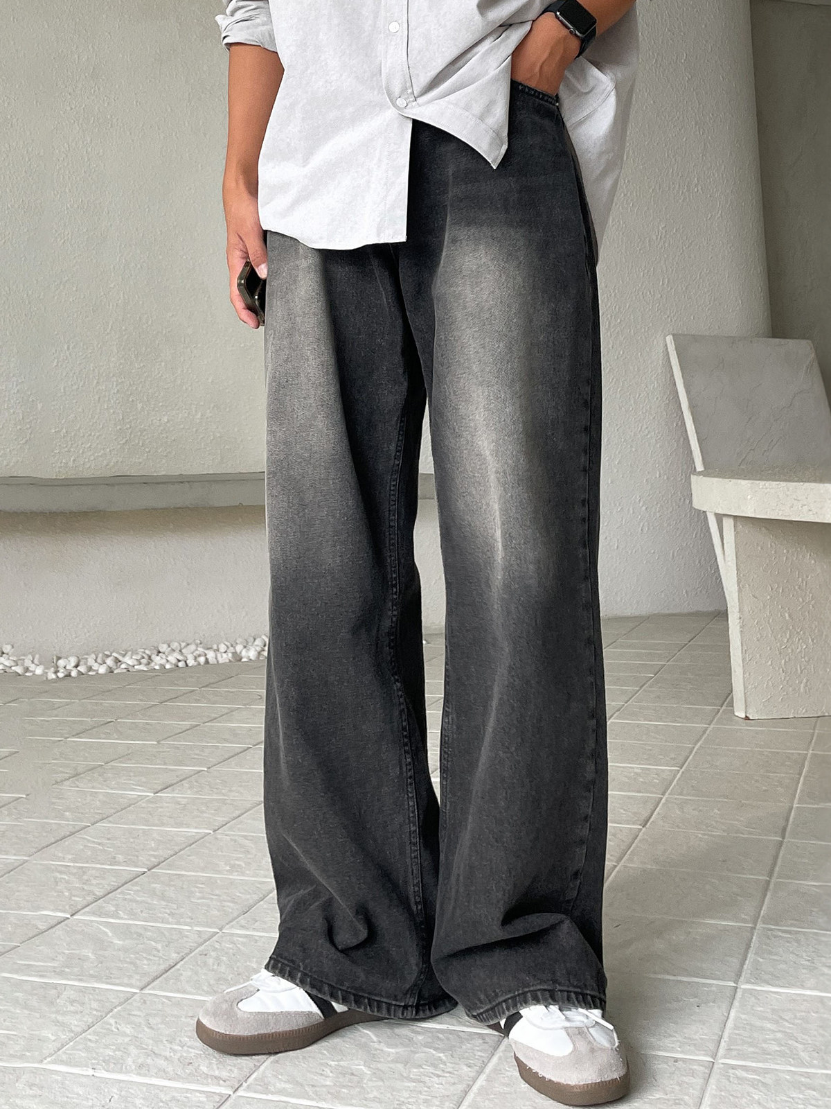 BLACK DENIM TROUSERS MENS SUMMER 2024 NEW HONG KONG STYLE RETRO DISTRESSED WASHED VERSATILE LOOSE WIDE-LEG STRAIGHT PANTS