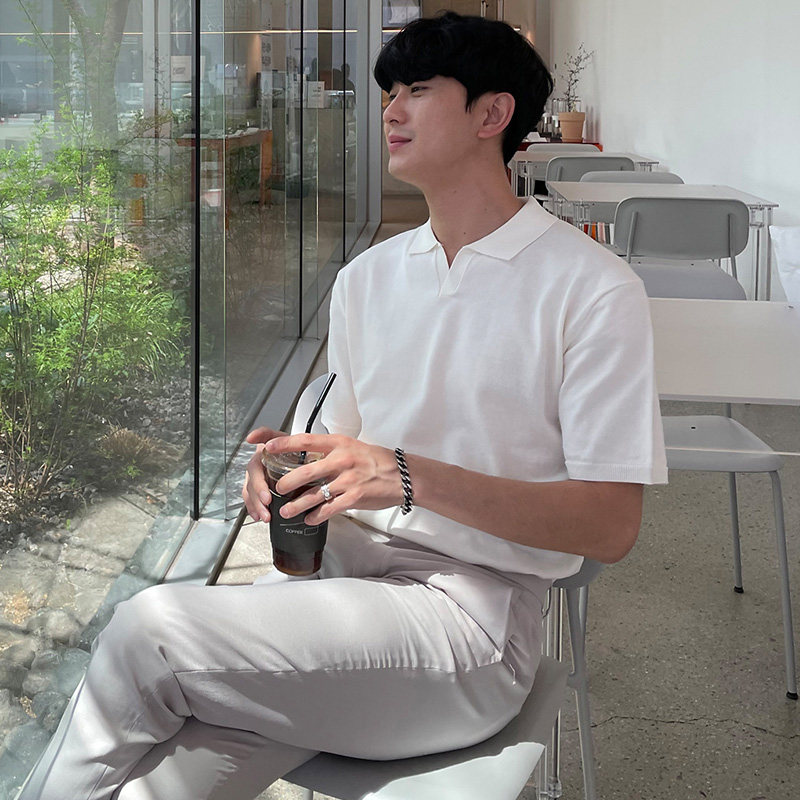 SUMMER THIN POLO SHIRT SHORT SLEEVE MENS LAPEL FASHION BRAND LOOSE HALF-SLEEVE KOREAN VERSION OF HONG KONG STYLE SOLID COLOR KNIT T-SHIRT TIDE