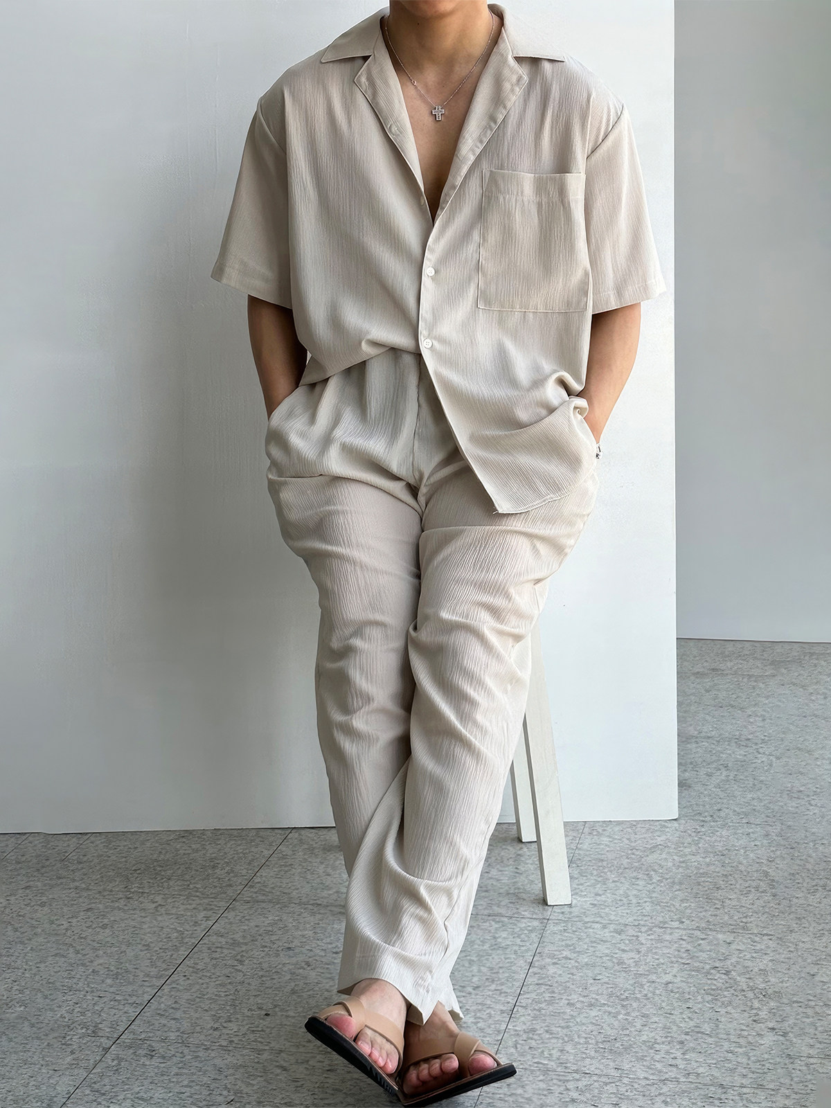 쿠바 칼라 반팔 셔츠 정장 남성 여름 신작 트렌디 드레이프 루즈 셔츠 캐주얼 야마모토 바지 투피스 세트