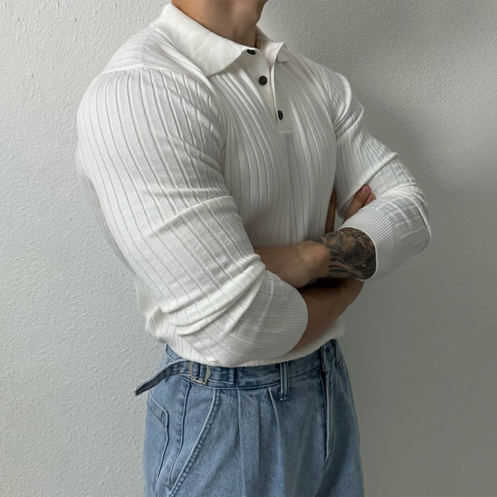 WHITE LONG SLEEVE POLO SHIRT MENS AUTUMN NEW TREND SIMPLE MUSCLE FITNESS STRIPED KNIT LAPEL TOP T-SHIRT