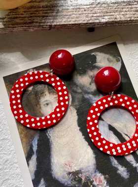 港风夸多张覆古耳环俏圈皮少女红色波点圈PSK耳饰高级气感巴胺耳