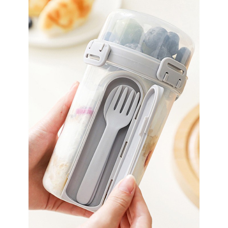 便携轻食双层塑料沙拉杯早餐水果零食保鲜盒带叉子密封防漏餐盒子