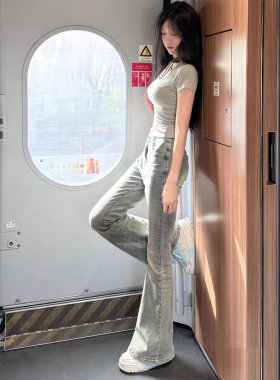 女童牛仔裤春夏2026新款弹力修身儿童春季裤子大童松紧腰微喇叭裤