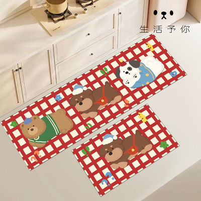 生活予你可爱格纹厨房地垫吸水吸油脚垫可擦洗防滑科技皮长条垫子