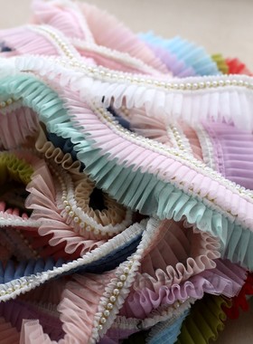 6CM宽镶珠蕾丝花边辅料褶皱珍珠百褶花边荷叶边网纱花边白色蓝色