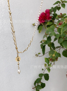 女王圆形金币钱币流苏淡水珍珠拼
