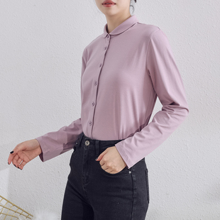 2026春秋新款通勤紫色衬衫女长袖纯棉弹力精梳荃棉小圆领打底衬衣
