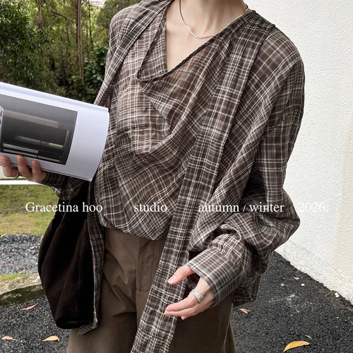 GRACETINA HOO-裁剪荡领飘带格纹通勤气质休闲松弛感小衫CSA2190
