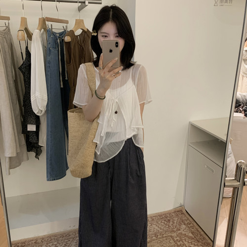 Openyy-夏上新麻料莱赛尔条纹高腰休闲裤(尺码仅供参考)dx1622